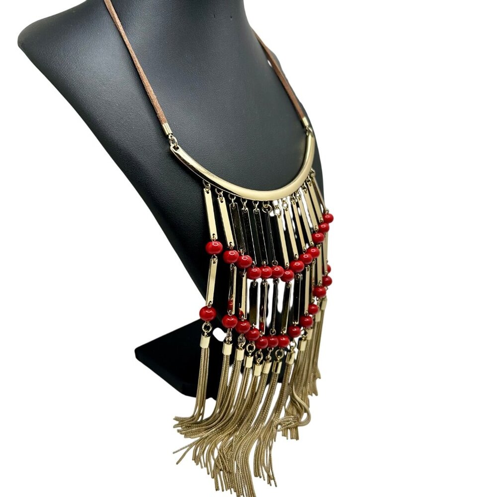 Chico's Necklace Jewelry Bib Statement Red and Gold Tone Fringe Tassel 21" - Picture 3 of 7